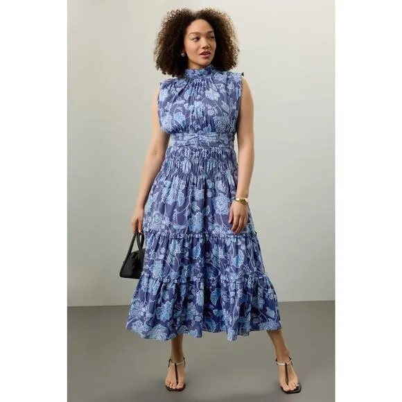 DEREK LAM 10 CROSBY Blue Floral Printed High Neckline Flowy Maxi Dress Size 46