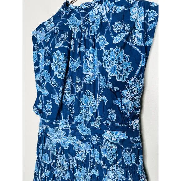 DEREK LAM 10 CROSBY Blue Floral Printed High Neckline Flowy Maxi Dress Size 46