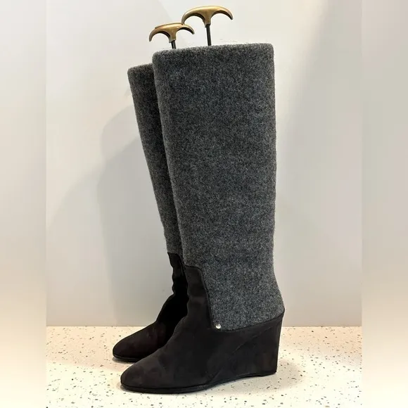 Designer Christian Dior‎ CD Gray Suede &amp; Wool Tall Knee High Wedge Boots