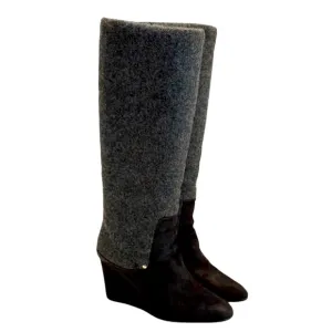 Designer Christian Dior‎ CD Gray Suede &amp; Wool Tall Knee High Wedge Boots