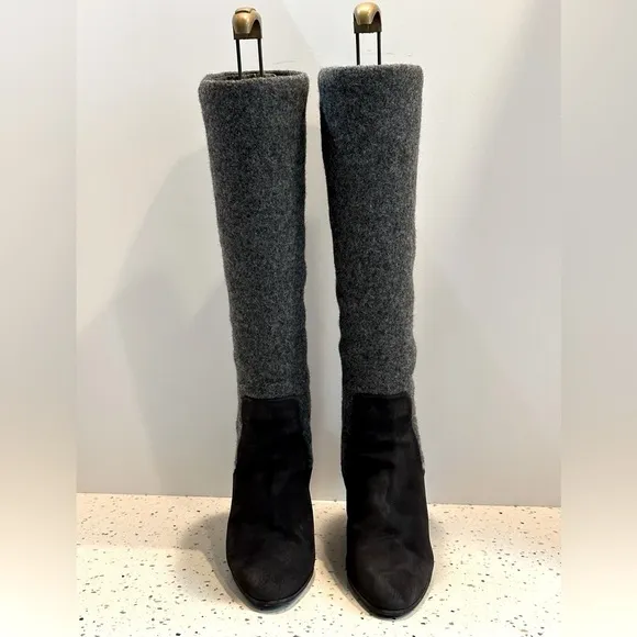 Designer Christian Dior‎ CD Gray Suede &amp; Wool Tall Knee High Wedge Boots