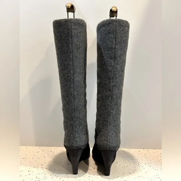 Designer Christian Dior‎ CD Gray Suede &amp; Wool Tall Knee High Wedge Boots