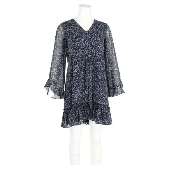 Diane Von Furstenberg Floral Ruffled Mini Dress in Navy Blue Polyester