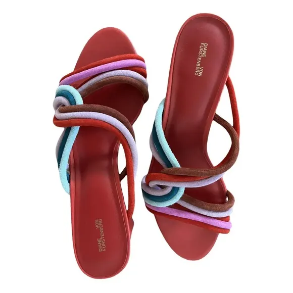 Diane Von Furstenberg red multi color leather sandals, size 9M