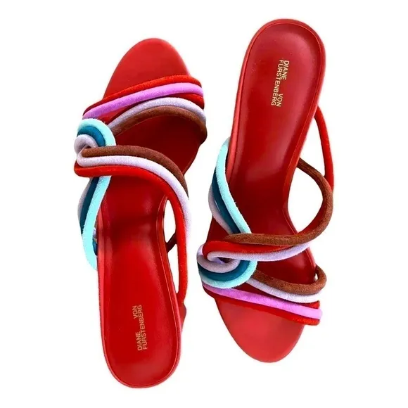 Diane Von Furstenberg red multi color leather sandals, size 9M
