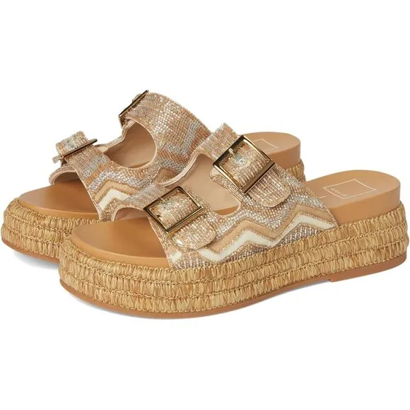 Dolce Vita Shoes Wixie Gold Multi Beaded Textile Platform Espadrille Sandals