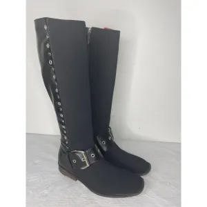 Donald J Plinar Gale Black Tall Boots Leather Fabric Moto Buckle Studded 6 1/2