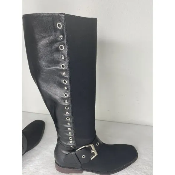 Donald J Plinar Gale Black Tall Boots Leather Fabric Moto Buckle Studded 6 1/2