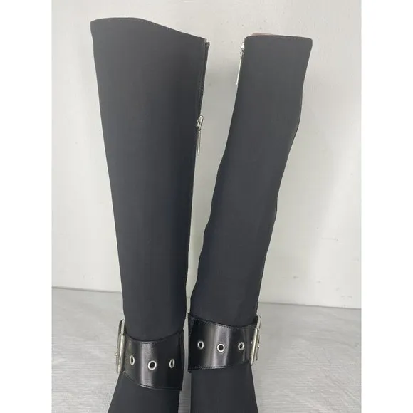 Donald J Plinar Gale Black Tall Boots Leather Fabric Moto Buckle Studded 6 1/2
