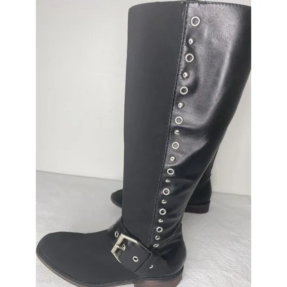 Donald J Plinar Gale Black Tall Boots Leather Fabric Moto Buckle Studded 6 1/2