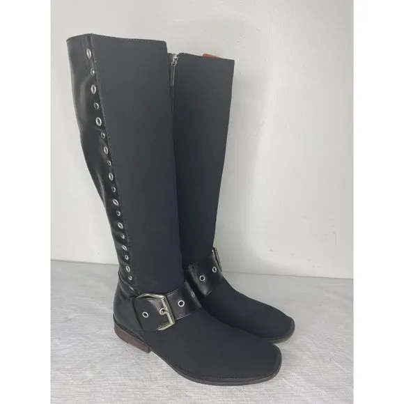 Donald J Plinar Gale Black Tall Boots Leather Fabric Moto Buckle Studded 6 1/2