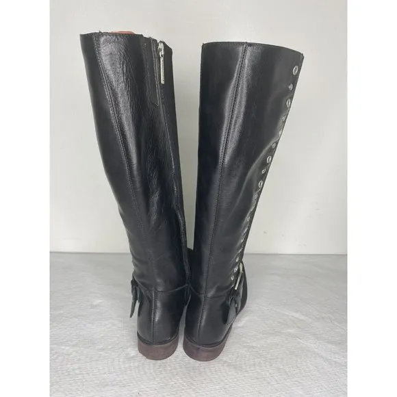 Donald J Plinar Gale Black Tall Boots Leather Fabric Moto Buckle Studded 6 1/2