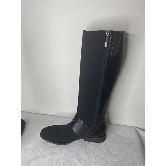Donald J Plinar Gale Black Tall Boots Leather Fabric Moto Buckle Studded 6 1/2