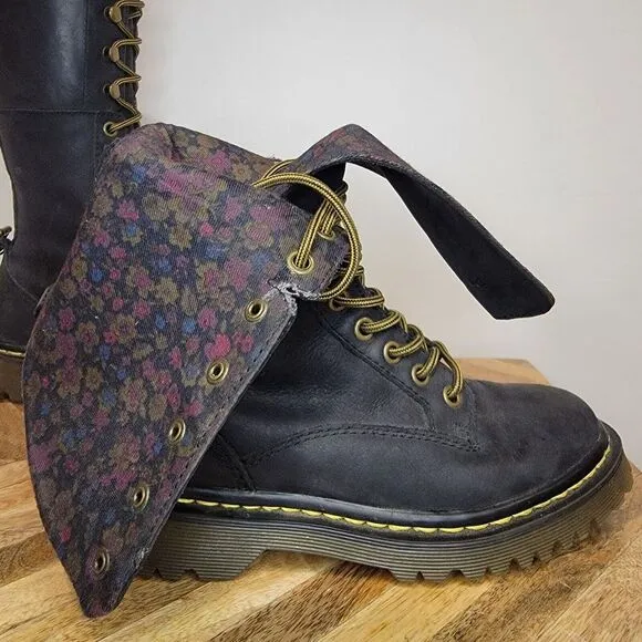 DR. MARTENS Aleina Tall Combat 14 Eyelet Lace Up Floral Fold Over Boots Size 5
