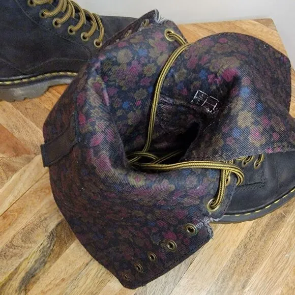 DR. MARTENS Aleina Tall Combat 14 Eyelet Lace Up Floral Fold Over Boots Size 5
