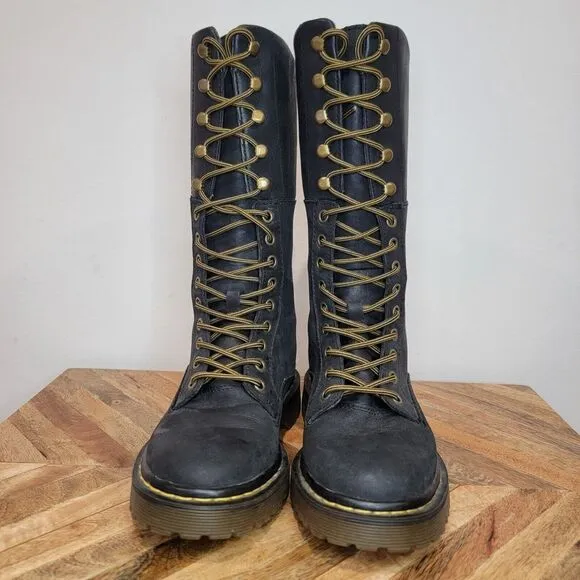 DR. MARTENS Aleina Tall Combat 14 Eyelet Lace Up Floral Fold Over Boots Size 5