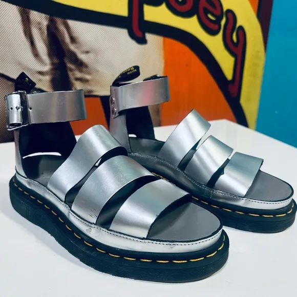 Dr. Martens Metallic Silver Smooth Leather Clarissa II Strap Sandals