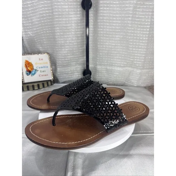 (E4) Tory Burch Sandals Roselle Daisy Womens Size 9Black Thong Floral Flip Flops