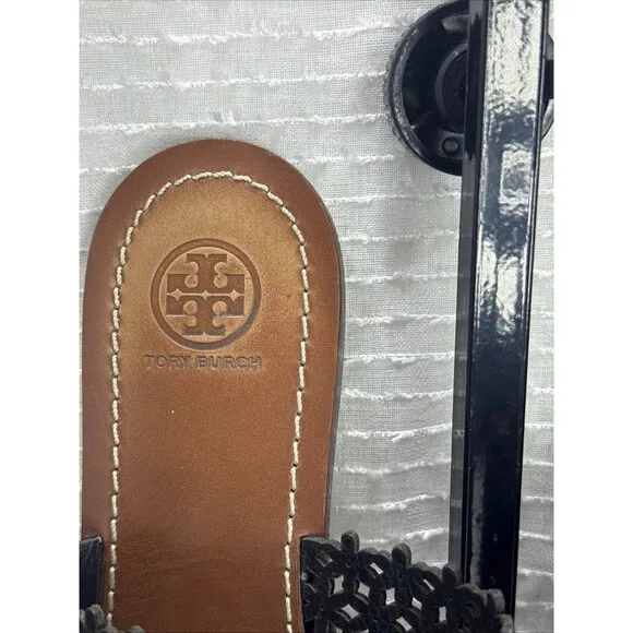 (E4) Tory Burch Sandals Roselle Daisy Womens Size 9Black Thong Floral Flip Flops
