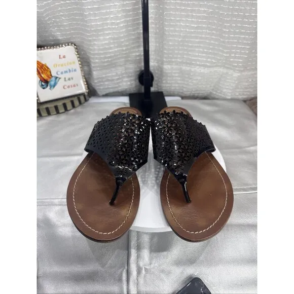 (E4) Tory Burch Sandals Roselle Daisy Womens Size 9Black Thong Floral Flip Flops