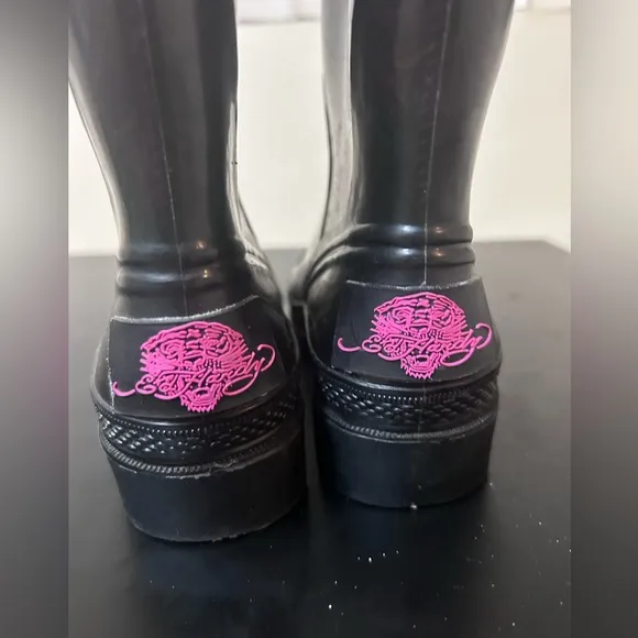 Ed Hardy Rain Boots Tiger Womens Size 6 Tiger Tall Y2K Vintage VTG
