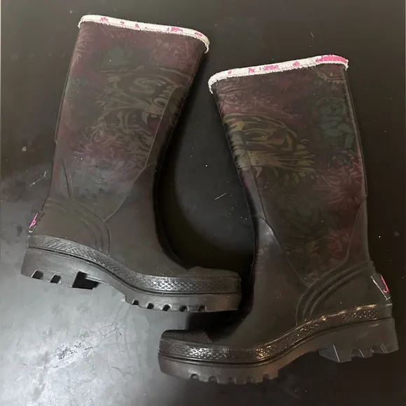 Ed Hardy Rain Boots Tiger Womens Size 6 Tiger Tall Y2K Vintage VTG