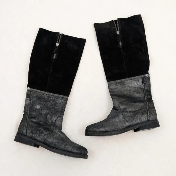 EILEEN FISHER Switch Zip-Off Boots Black Suede Metallic Leather