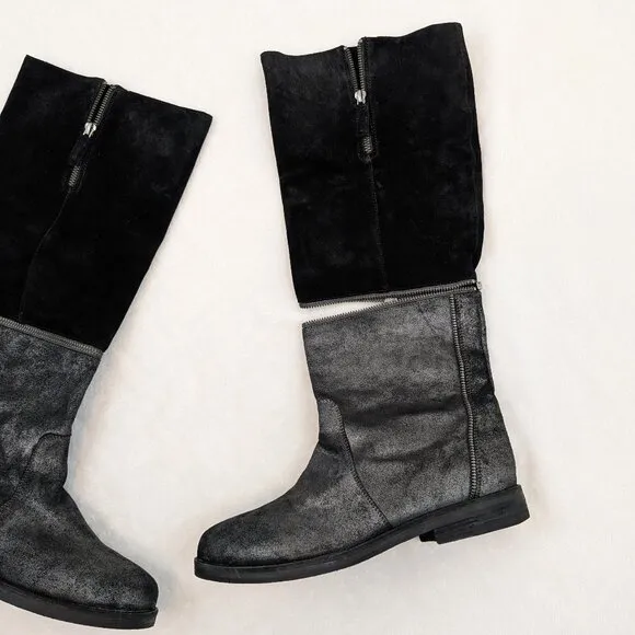EILEEN FISHER Switch Zip-Off Boots Black Suede Metallic Leather