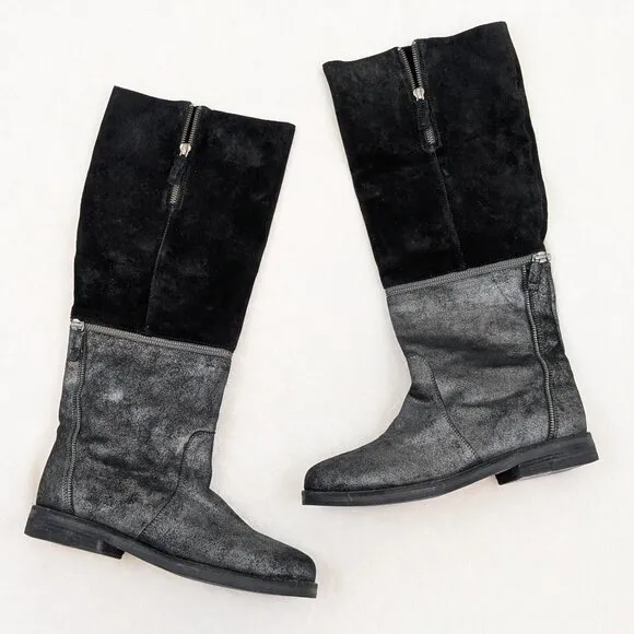 EILEEN FISHER Switch Zip-Off Boots Black Suede Metallic Leather
