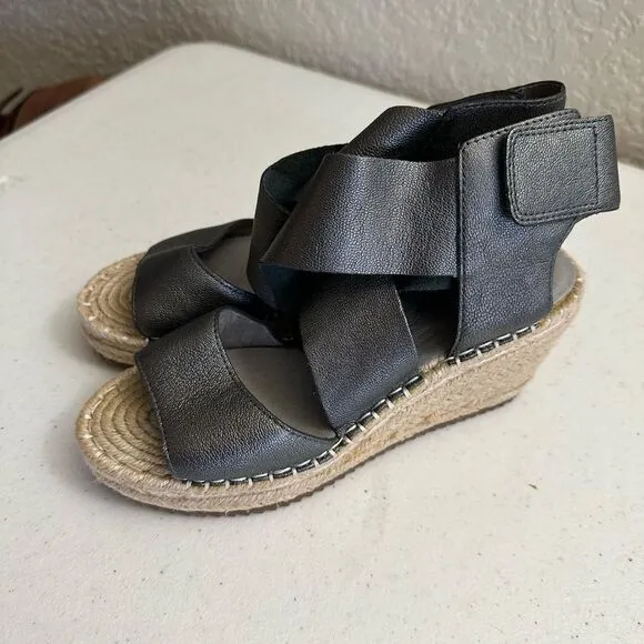 Eileen Fisher Willow Wedge Espadrille Women’s Size 5.5 Leather Sandals metallic