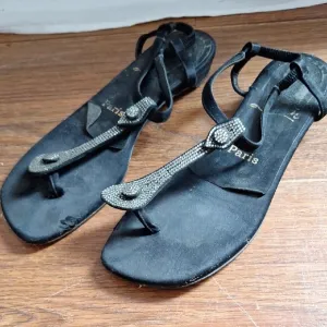 Elegant Christian Louboutin Black Satin Sandals with Rhinestone Detailing Satin