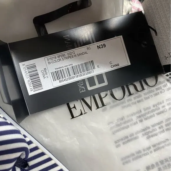 Emporio Armani Sandals Flip Flops Blue White Bi-Color Stripes Tie Up 7.5 NEW