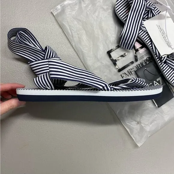 Emporio Armani Sandals Flip Flops Blue White Bi-Color Stripes Tie Up 7.5 NEW