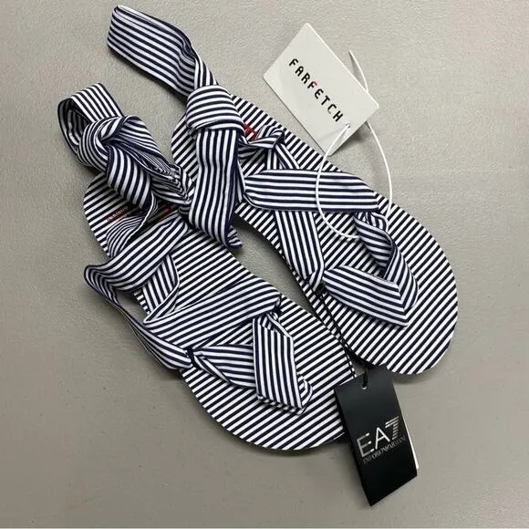 Emporio Armani Sandals Flip Flops Blue White Bi-Color Stripes Tie Up 7.5 NEW