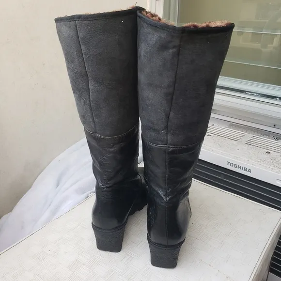 Eric Michael Knee High Wedge Boots Black Leather fur lined square toe 7