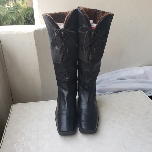 Eric Michael Knee High Wedge Boots Black Leather fur lined square toe 7