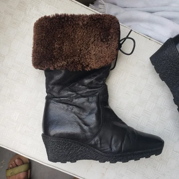 Eric Michael Knee High Wedge Boots Black Leather fur lined square toe 7