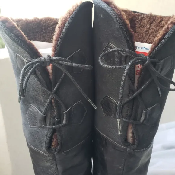 Eric Michael Knee High Wedge Boots Black Leather fur lined square toe 7