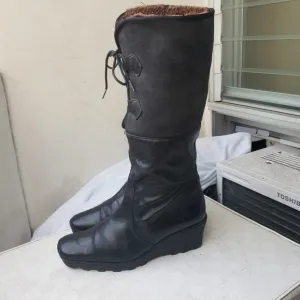 Eric Michael Knee High Wedge Boots Black Leather fur lined square toe 7