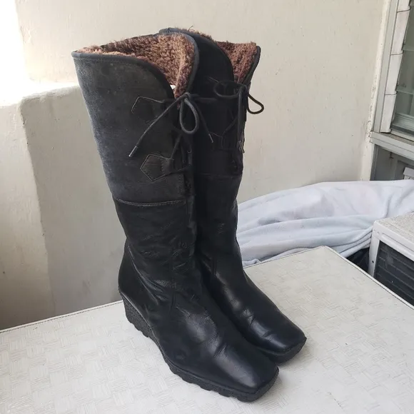 Eric Michael Knee High Wedge Boots Black Leather fur lined square toe 7