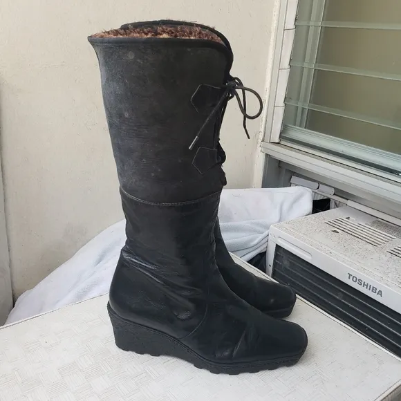 Eric Michael Knee High Wedge Boots Black Leather fur lined square toe 7