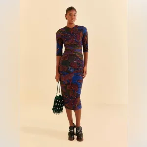 Farm Rio Black Midnight Island Short Sleeve Midi Dress
