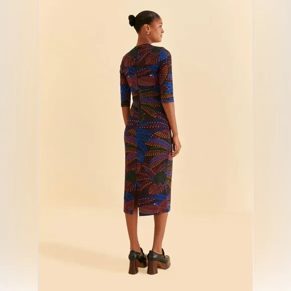 Farm Rio Black Midnight Island Short Sleeve Midi Dress