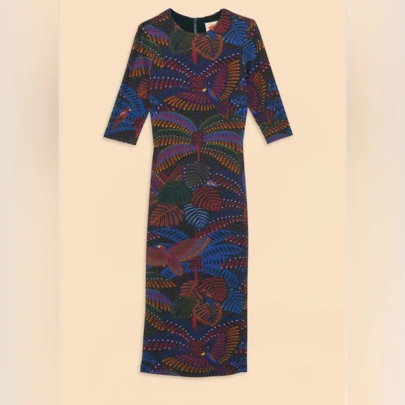 Farm Rio Black Midnight Island Short Sleeve Midi Dress