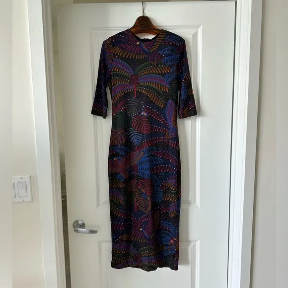 Farm Rio Black Midnight Island Short Sleeve Midi Dress
