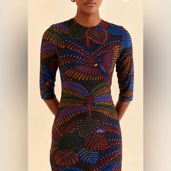 Farm Rio Black Midnight Island Short Sleeve Midi Dress