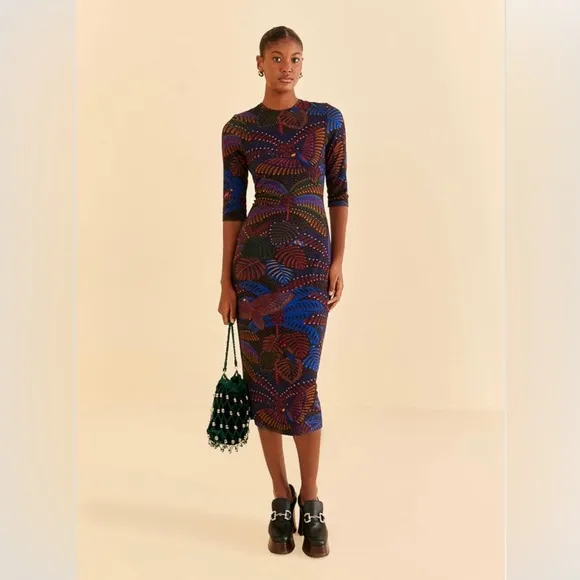 Farm Rio Black Midnight Island Short Sleeve Midi Dress
