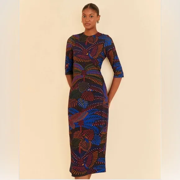 Farm Rio Black Midnight Island Short Sleeve Midi Dress
