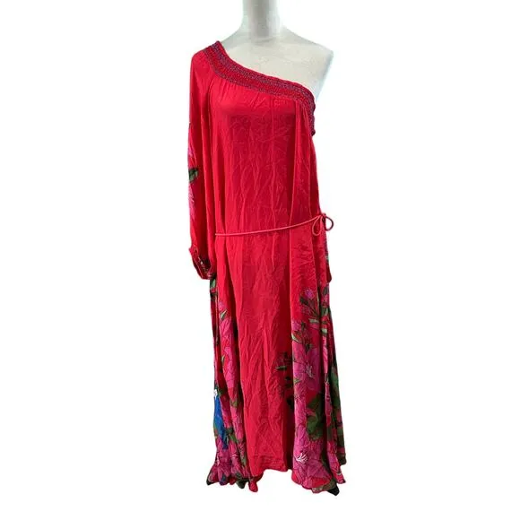 Farm Rio Summer Foliage Scarf Red Maxi Dress Red Floral One Shoulder Size L