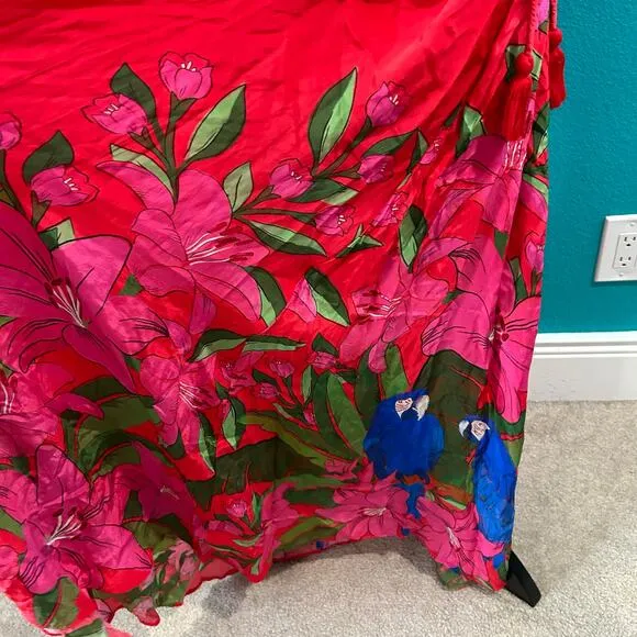 Farm Rio Summer Foliage Scarf Red Maxi Dress Red Floral One Shoulder Size L